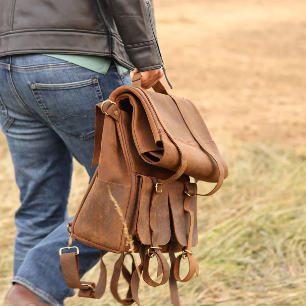 Parsons Roll Top Backpack – Vintage Oiled Cowhide Leather for Rugged Style