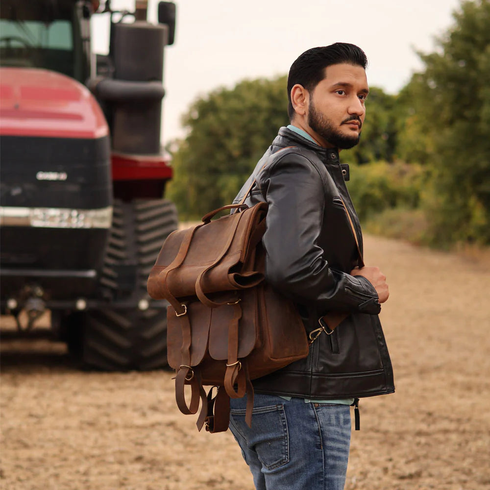 Parsons Roll Top Backpack – Vintage Oiled Cowhide Leather for Rugged Style