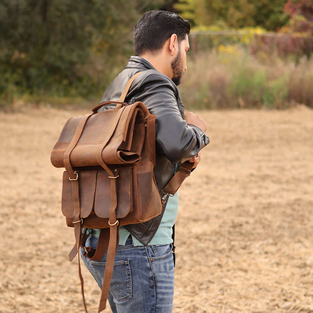 Parsons Roll Top Backpack – Vintage Oiled Cowhide Leather for Rugged Style