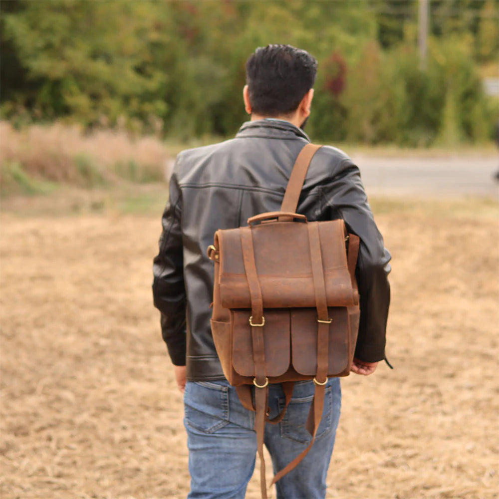 Parsons Roll Top Backpack – Vintage Oiled Cowhide Leather for Rugged Style