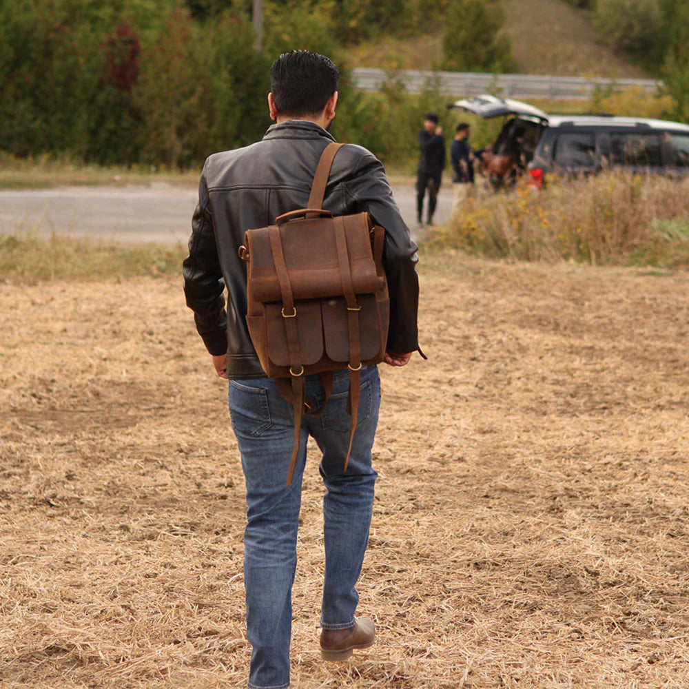 Parsons Roll Top Backpack – Vintage Oiled Cowhide Leather for Rugged Style