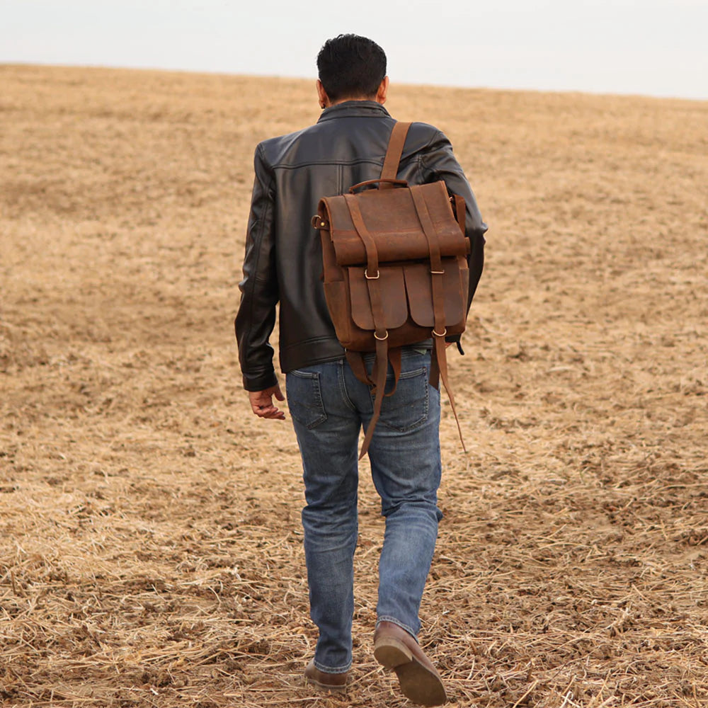 Parsons Roll Top Backpack – Vintage Oiled Cowhide Leather for Rugged Style