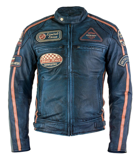 Mens Black Wax Leather Biker Jacket British Style with Badges & Stripes
