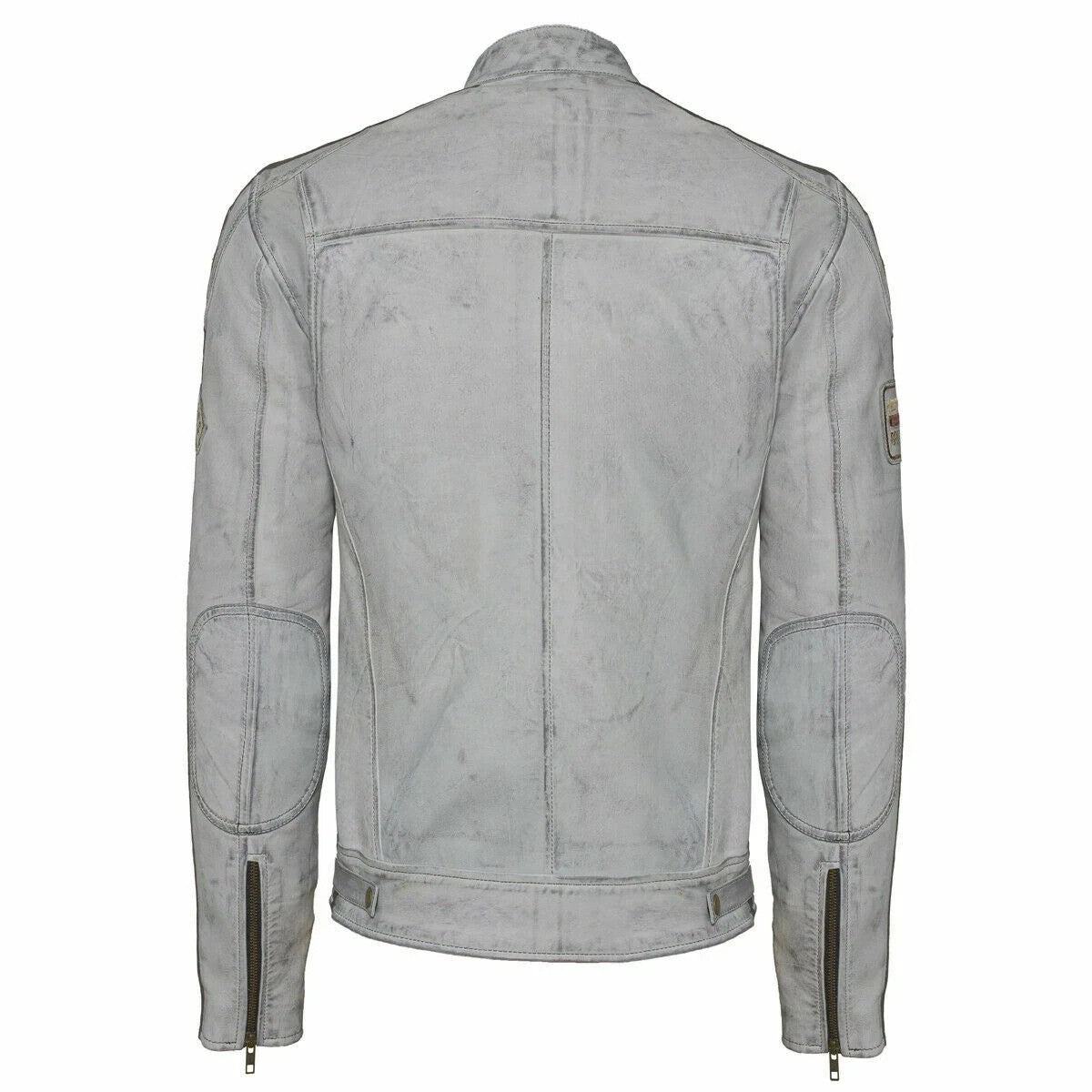 Men’s British Motorcycle Jacket Dirty Grey Leather Biker Badged Striped