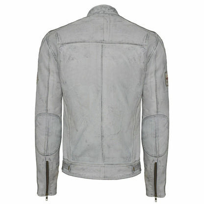 Men’s British Motorcycle Jacket Dirty Grey Leather Biker Badged Striped