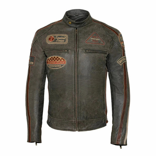 Mens Stylish Brown Leather Biker Jacket British Style with Stripes & Badges