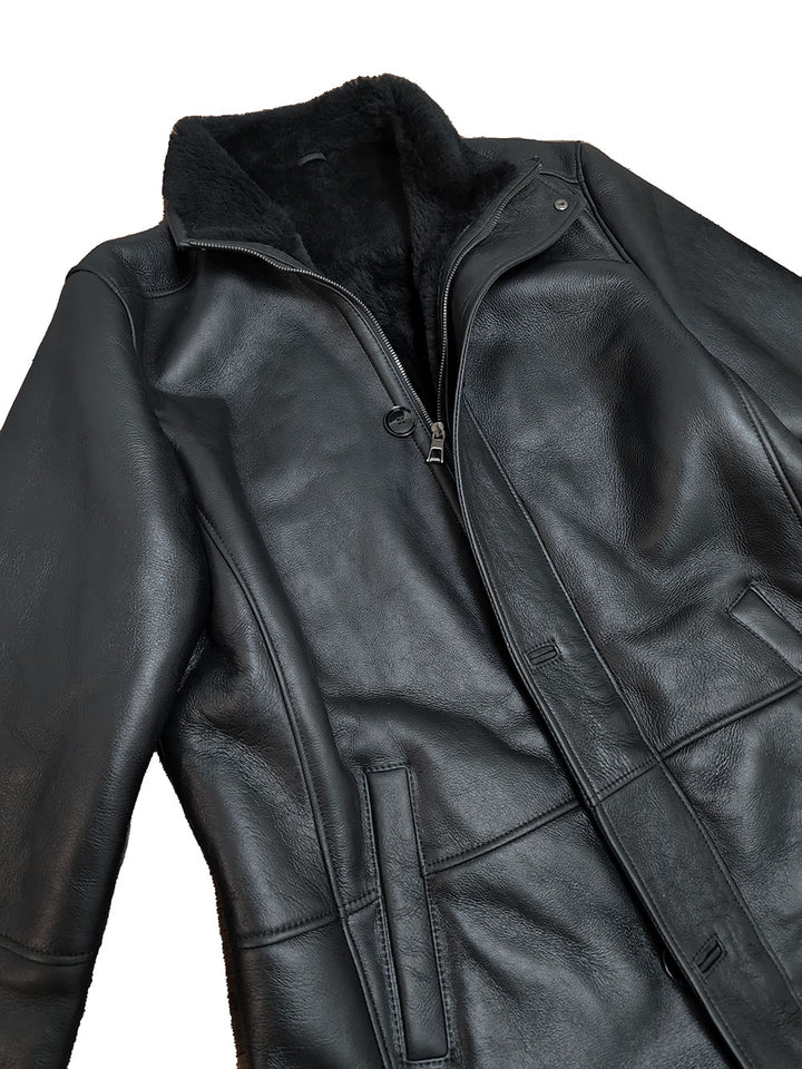 Men’s Black Shearling Long Coat – Classic Winter Leather Overcoat