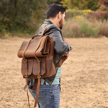 Parsons Roll Top Backpack – Vintage Oiled Cowhide Leather for Rugged Style