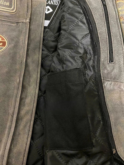 Mens Stylish Brown Leather Biker Jacket British Style with Stripes & Badges