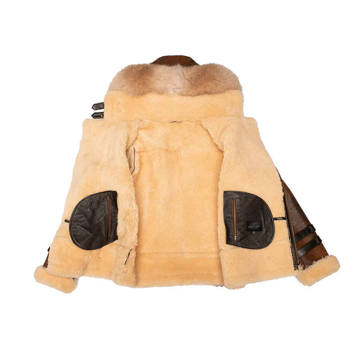 Vintage Brown Shearling Aviator Jacket with Hoodie – Rocco Distressed Bomber Style