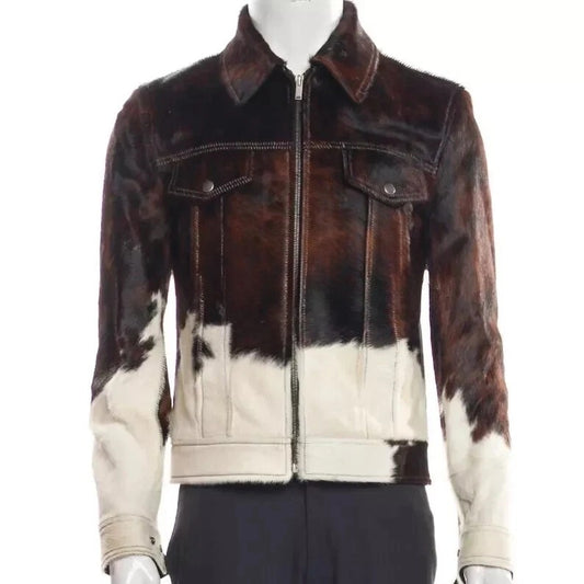 Men's Brown White Pony Skin Jacket Hair-On Real Cowhide Western Outerwear