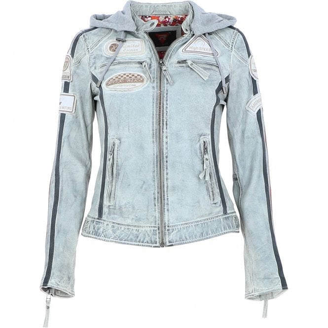 Women's Stone Wash Leather Biker Jacket with Detachable Hood Moto Style