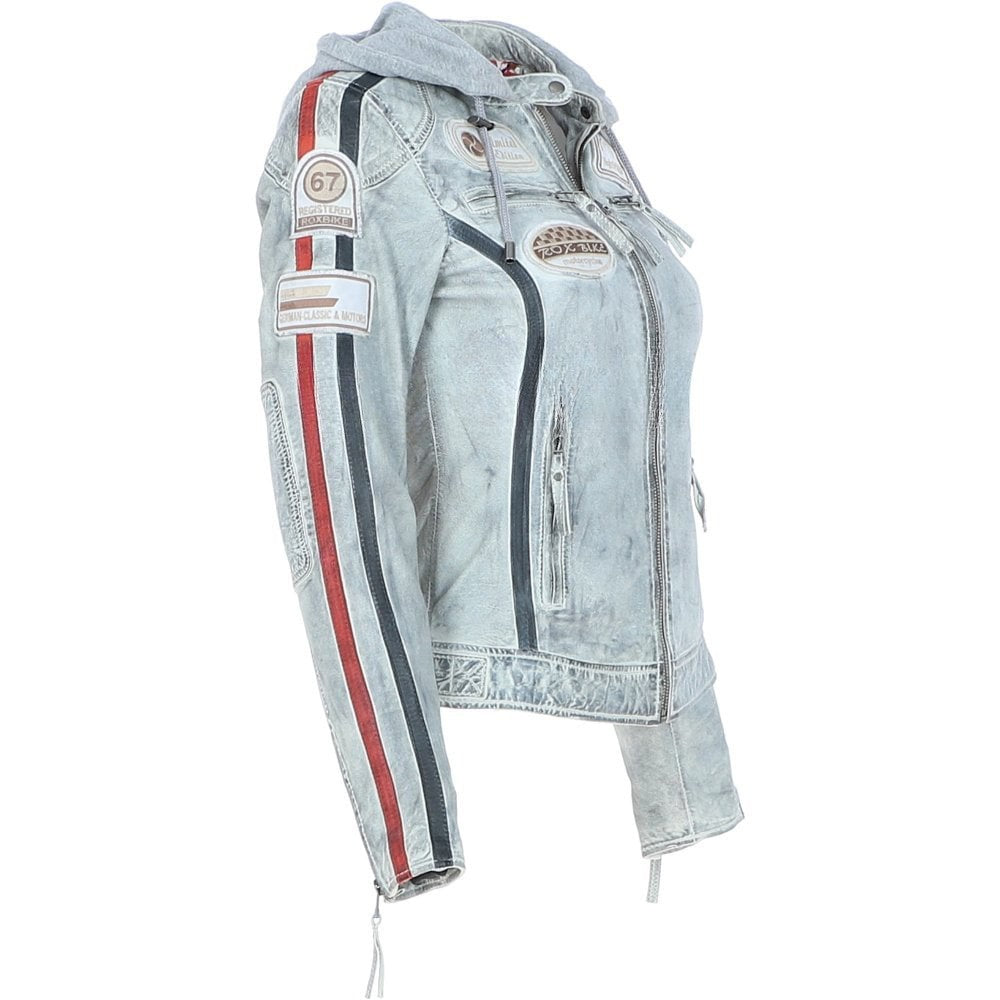 Women's Stone Wash Leather Biker Jacket with Detachable Hood Moto Style