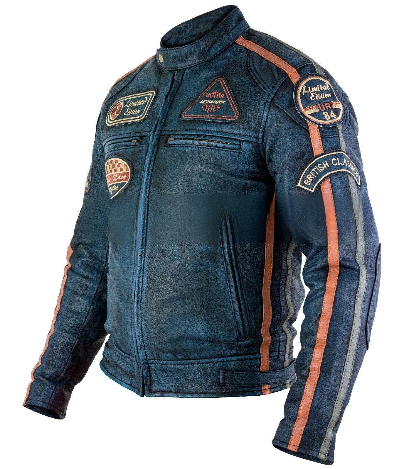Mens Black Wax Leather Biker Jacket British Style with Badges & Stripes
