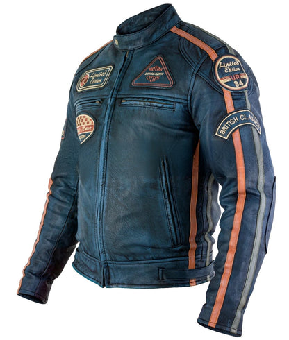 Mens Black Wax Leather Biker Jacket British Style with Badges & Stripes