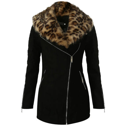 Leather Jacket with Leopard Print Faux Fur Collar – Bold Street Style