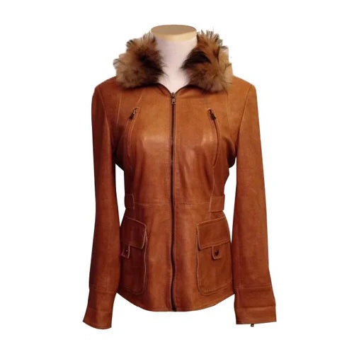 Stylish Tan Leather Jacket with Faux Fur Collar – Modern Cold-Weather Look