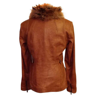 Stylish Tan Leather Jacket with Faux Fur Collar – Modern Cold-Weather Look