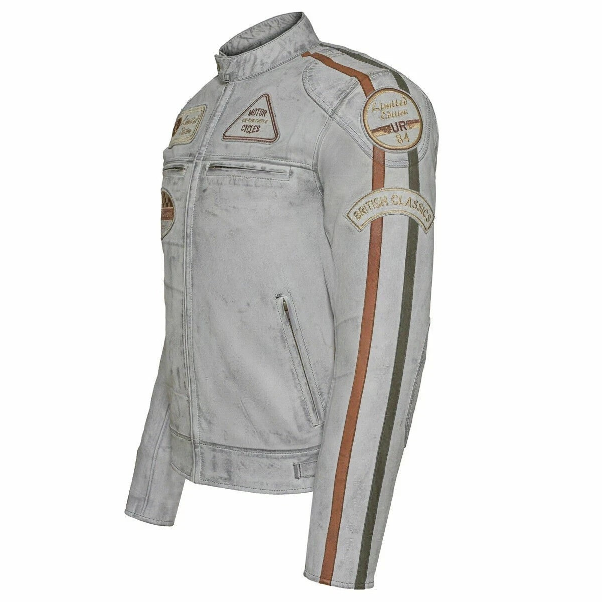 Men’s British Motorcycle Jacket Dirty Grey Leather Biker Badged Striped