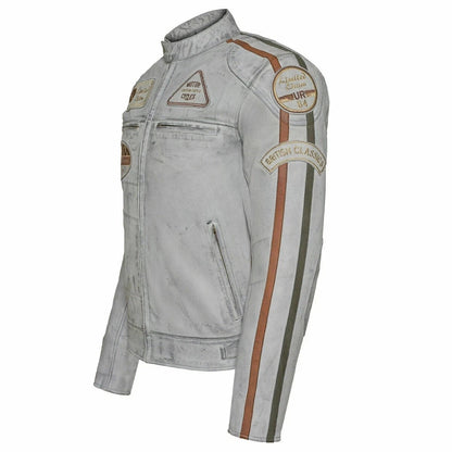 Men’s British Motorcycle Jacket Dirty Grey Leather Biker Badged Striped
