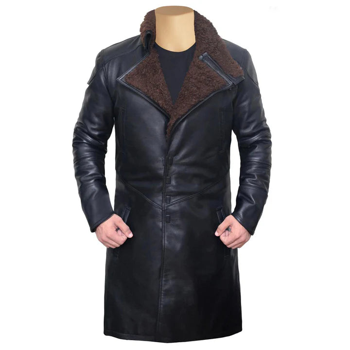 Men's Shearling Collar Trench Coat – Winter Long Leather Jacket