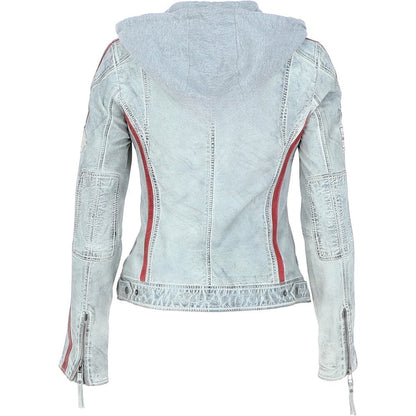 Women's Stone Wash Leather Biker Jacket with Detachable Hood Moto Style