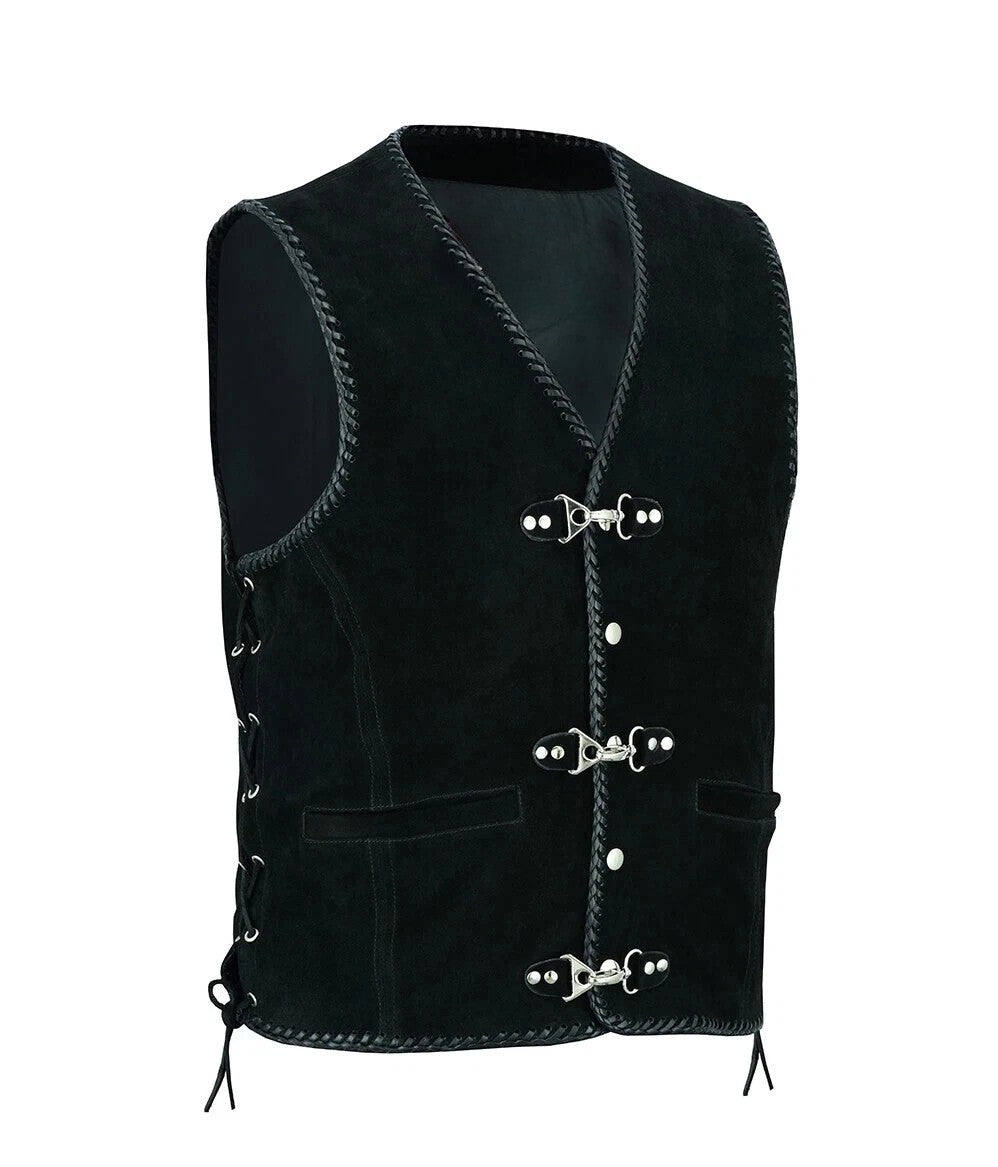 Men's Real Suede Leather Biker Style Vest Braided Black Motorcycle Waistcoat