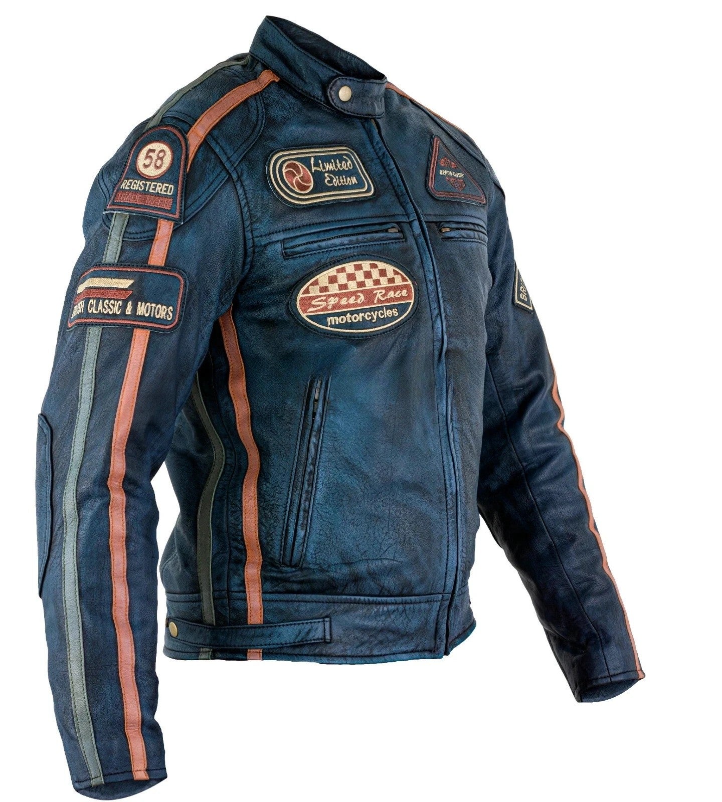 Mens Black Wax Leather Biker Jacket British Style with Badges & Stripes