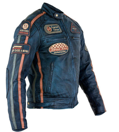 Mens Black Wax Leather Biker Jacket British Style with Badges & Stripes