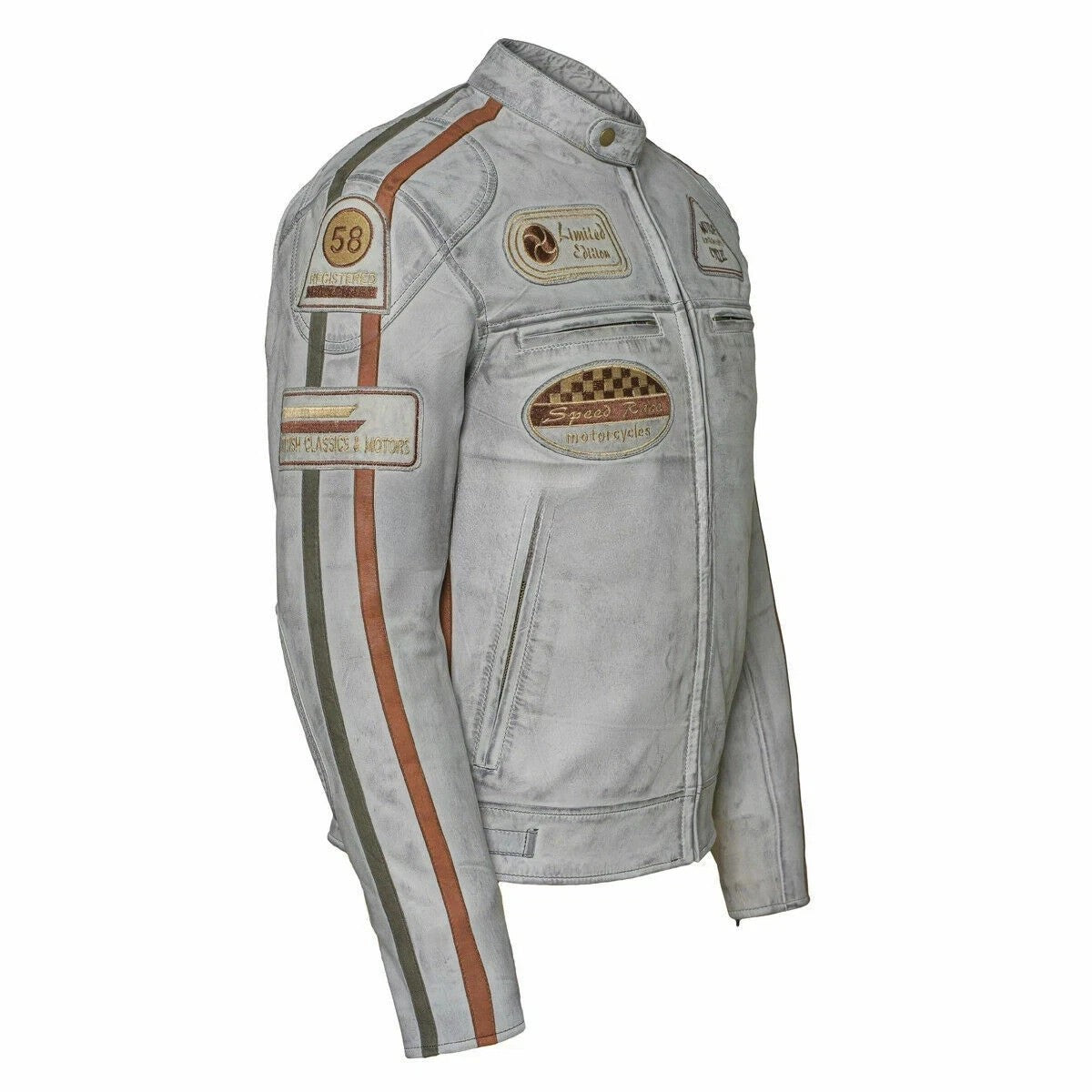 Men’s British Motorcycle Jacket Dirty Grey Leather Biker Badged Striped
