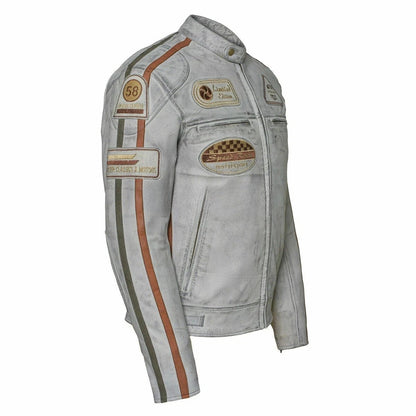 Men’s British Motorcycle Jacket Dirty Grey Leather Biker Badged Striped