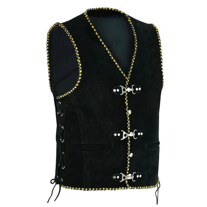 Men's Real Suede Leather Vest Yellow Black Braided Motorcycle Biker Style