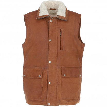 Men’s Tan Snuff sheep Leather Waistcoat Concealed zip with Press Stud Closure.