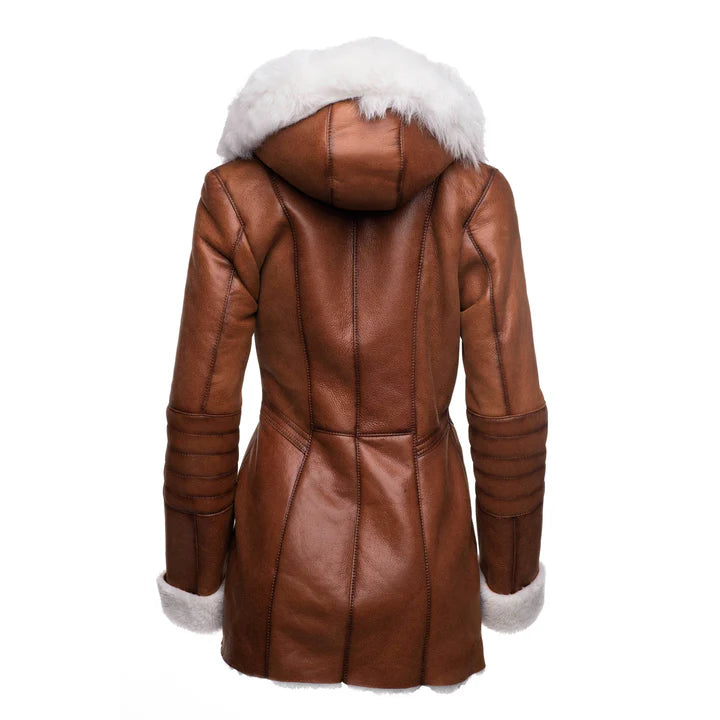Luxury Tan Shearling Coat with Fox Fur Trim Hoodie – Elegant Winter Outerwear for Women
