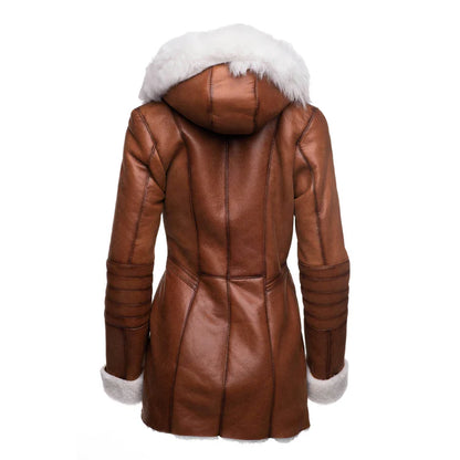 Luxury Tan Shearling Coat with Fox Fur Trim Hoodie – Elegant Winter Outerwear for Women