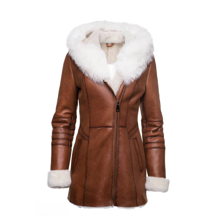 Luxury Tan Shearling Coat with Fox Fur Trim Hoodie – Elegant Winter Outerwear for Women