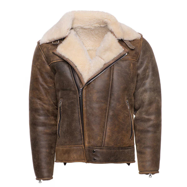 Carter's Distressed Biker Bomber Shearling Jacket – Vintage Leather Style for Men