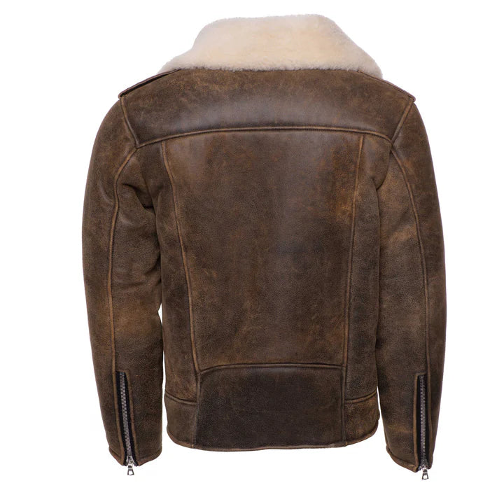 Carter's Distressed Biker Bomber Shearling Jacket – Vintage Leather Style for Men