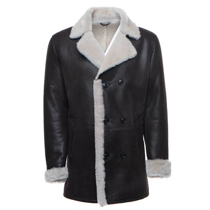 Men’s Shearling Buttoned Coat – Classic Winter Leather Outerwear
