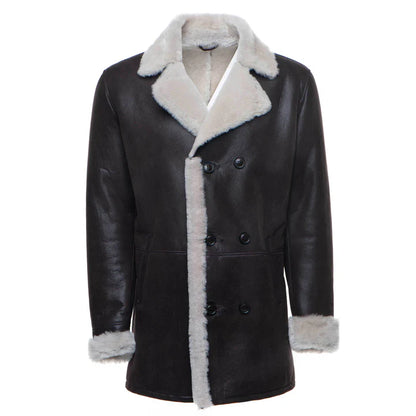 Men’s Shearling Buttoned Coat – Classic Winter Leather Outerwear