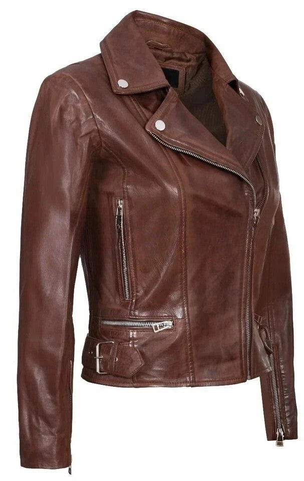 Women’s Brown Leather Biker Jacket Classic Style Real Soft Leather Outerwear