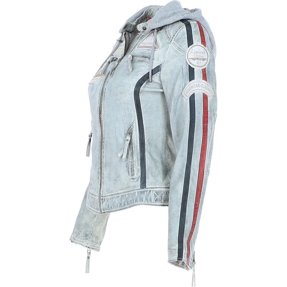 Women's Stone Wash Leather Biker Jacket with Detachable Hood Moto Style