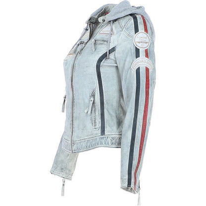 Women's Stone Wash Leather Biker Jacket with Detachable Hood Moto Style