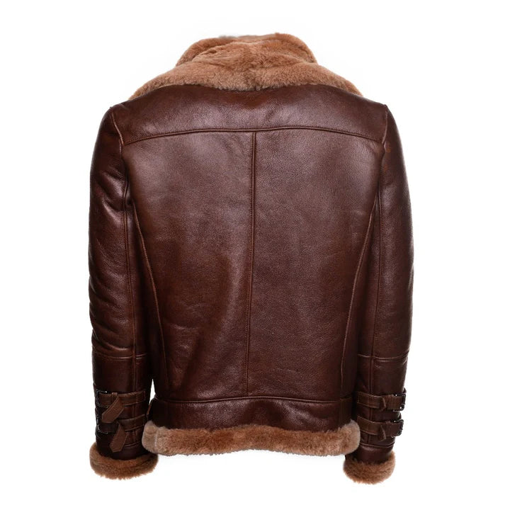 Brown Aviator Bomber Shearling Jacket with Waist Belt – Vintage Pilot Style