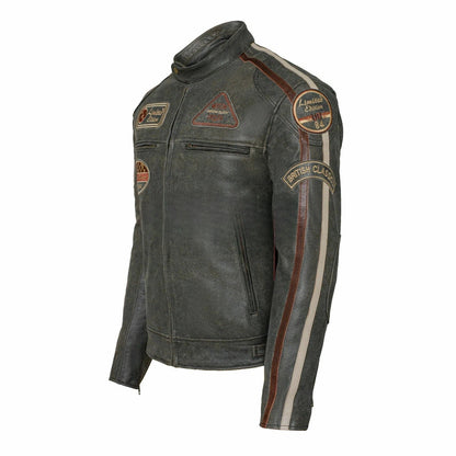 Mens Stylish Brown Leather Biker Jacket British Style with Stripes & Badges