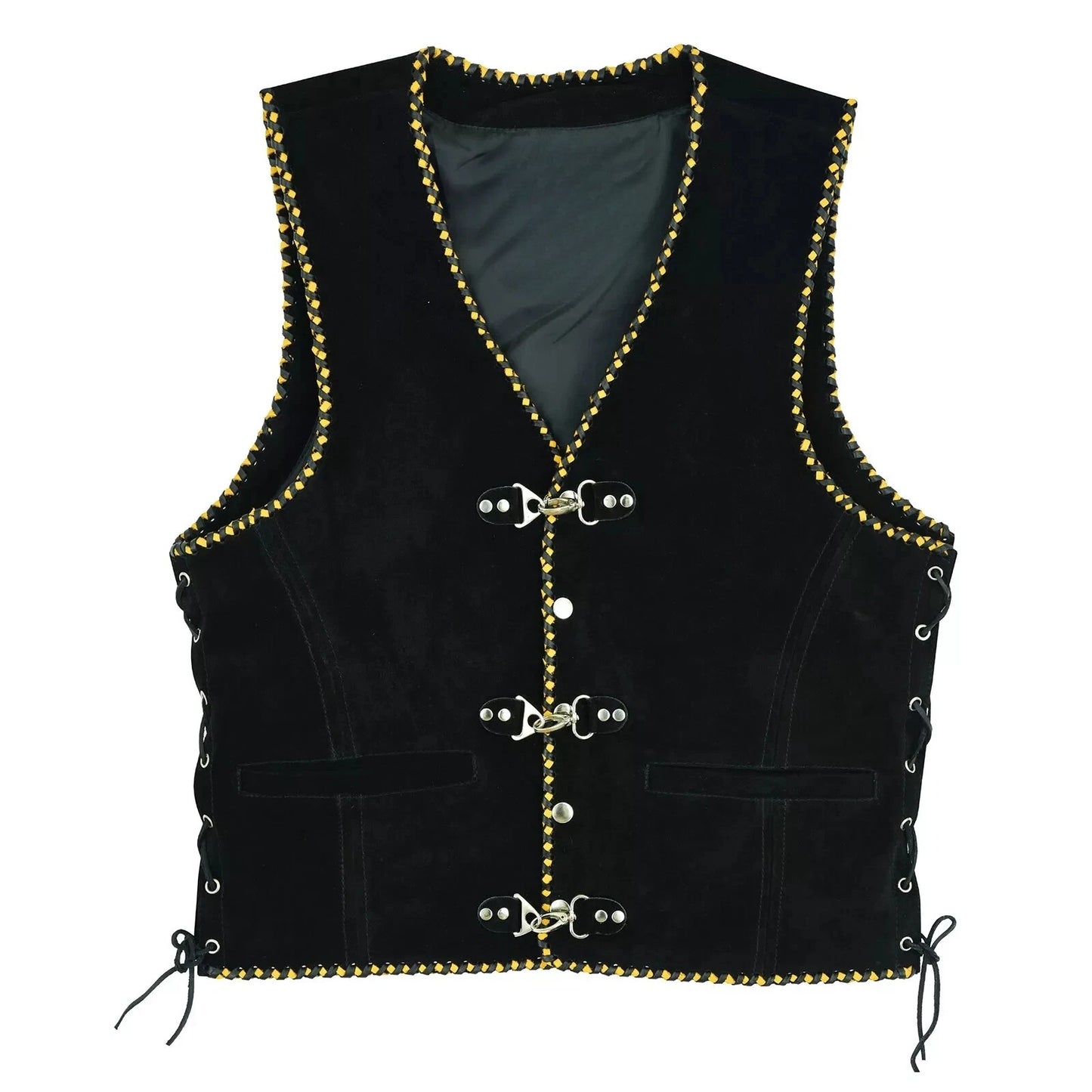 Men's Real Suede Leather Vest Yellow Black Braided Motorcycle Biker Style