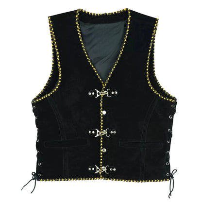 Men's Real Suede Leather Vest Yellow Black Braided Motorcycle Biker Style