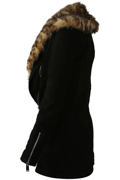 Leather Jacket with Leopard Print Faux Fur Collar – Bold Street Style