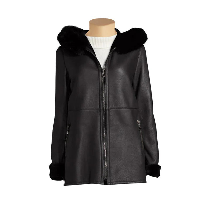Women's Black Leather Jacket with Hoodie – Sleek & Comfortable Street Style Outerwear