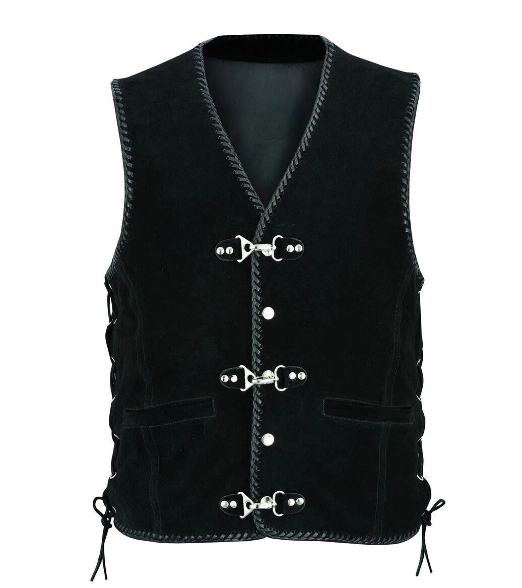 Men's Real Suede Leather Biker Style Vest Braided Black Motorcycle Waistcoat